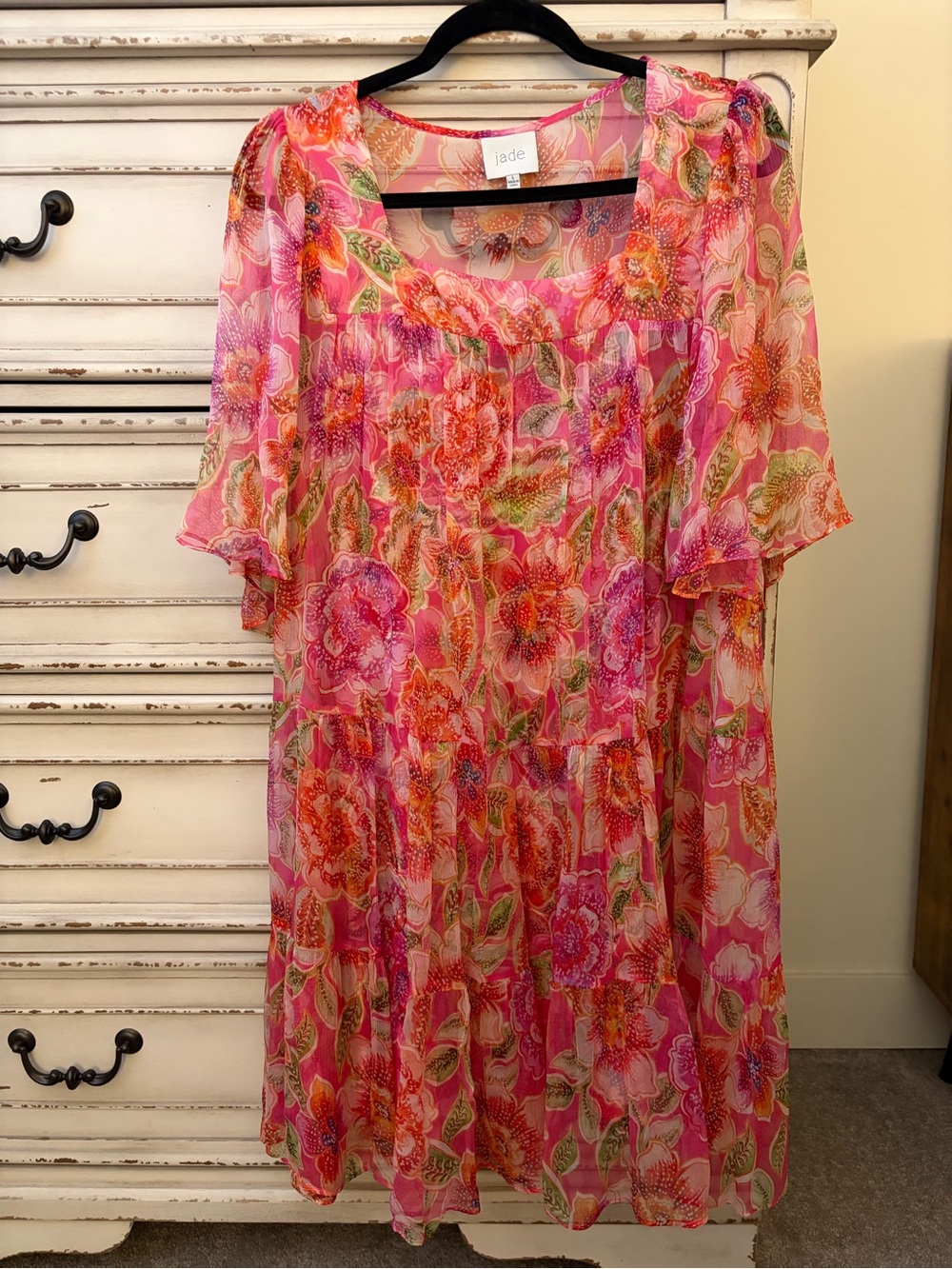 Johnny Was Pink and Orange Floral Chiffon Mini Dress